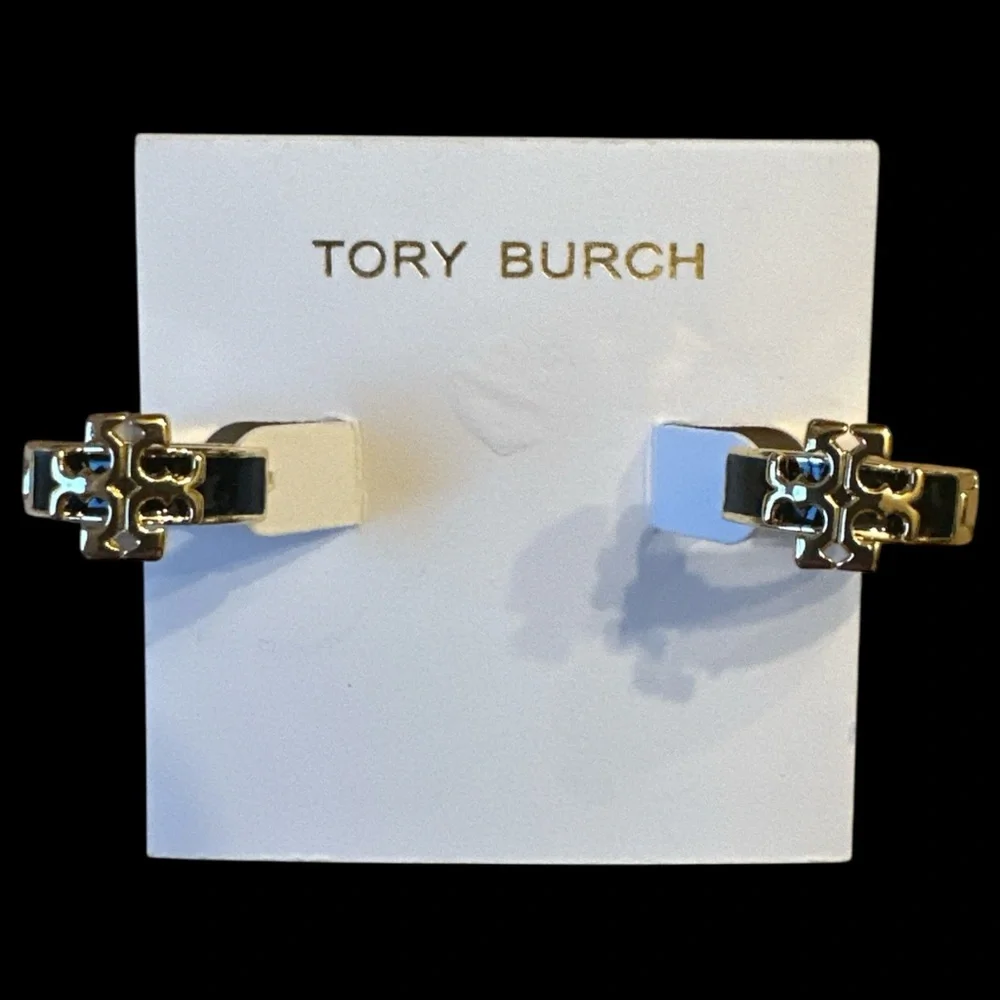 Tory Burch Gold and Black Huggie Hoop Earrings - Picture 2 of 5